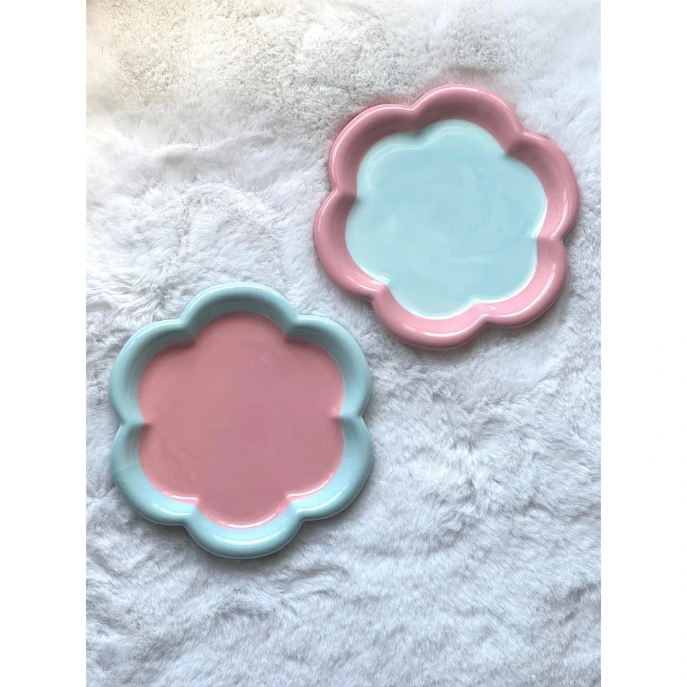 New Flower Ceramic Cat Plate Whisker‎ Fatigue Relief Pet Dish Pink Blue 6 inch